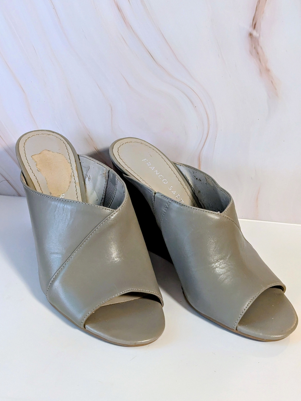 Franco Sarto Taupe Leather Open-Toe Slingback Mules